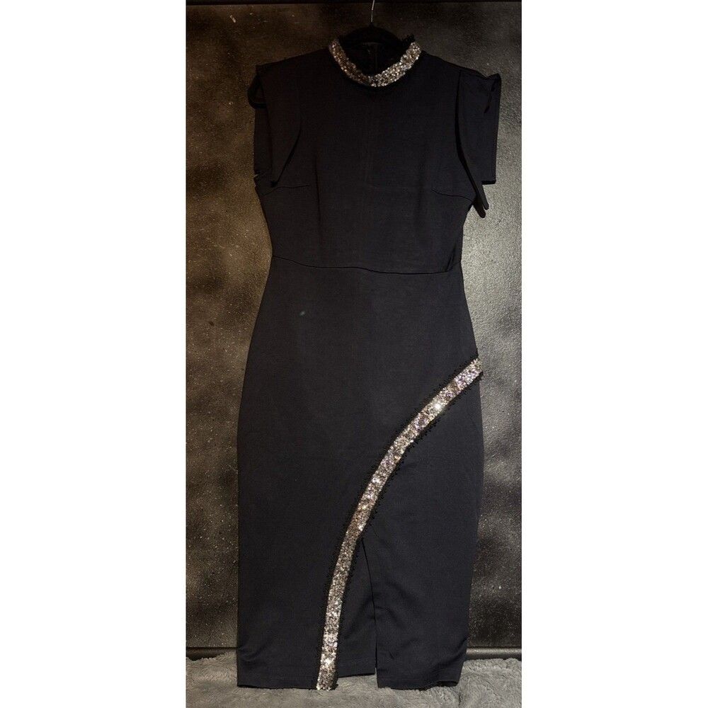 Miracle Dress Sz XL Navy Silver Sequin Business Work Event Dinner Date Night
